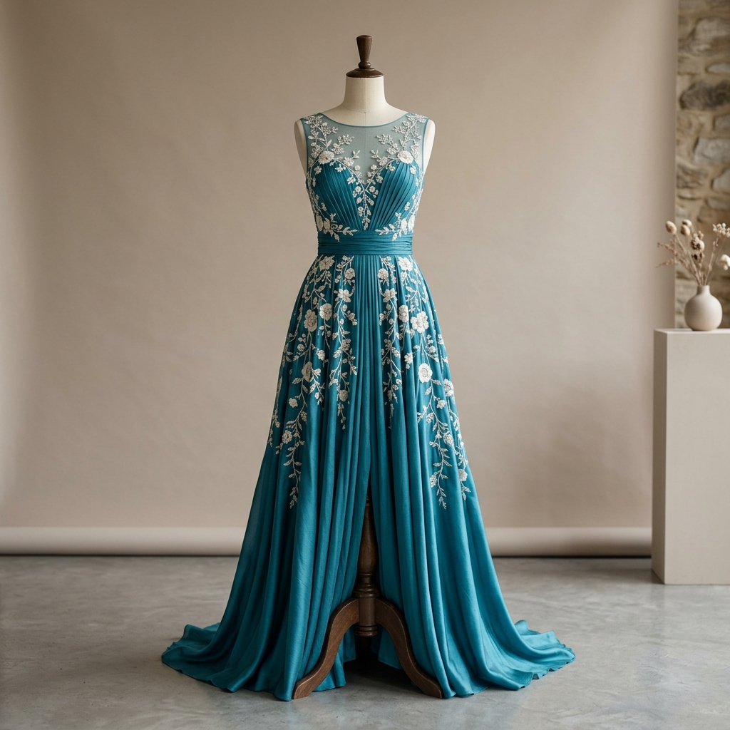 Intricate detailing of designer gown fabrics and couture stitches