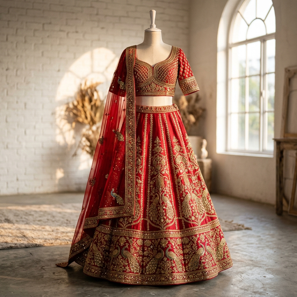 Crimson Red Bridal Lehenga with Gold Peacock Embroidery