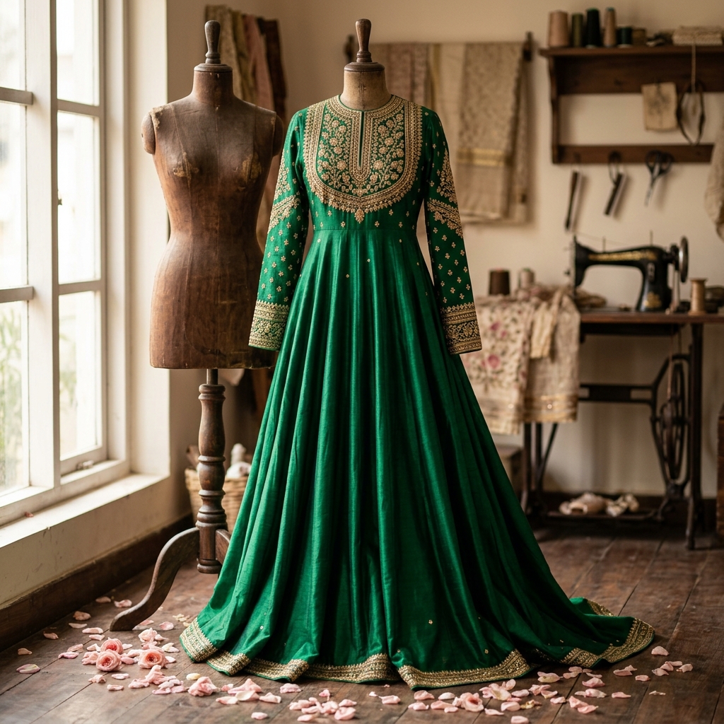 Emerald Green Silk Anarkali with Gold Embroidery