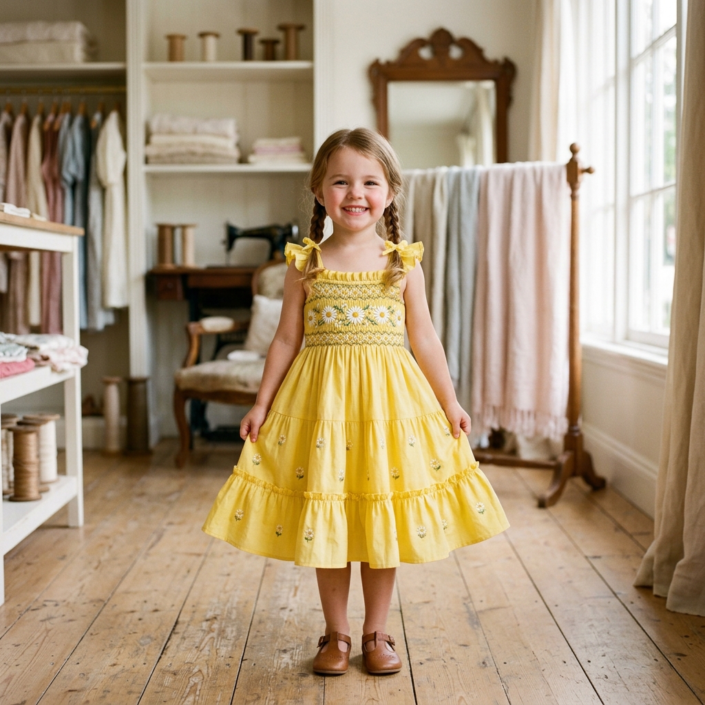 Canary Yellow Smocked Daisy Frock