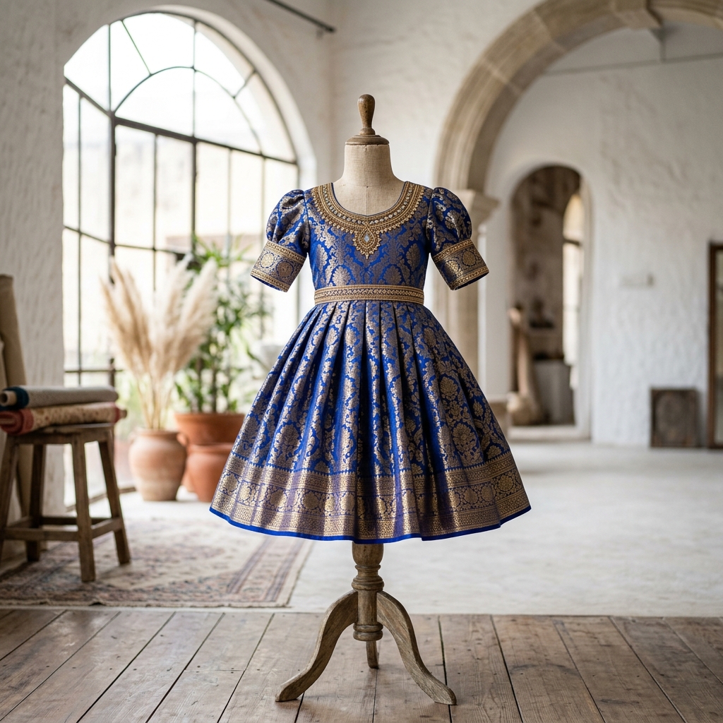 Royal Blue Gold Brocade Frock Flatlay
