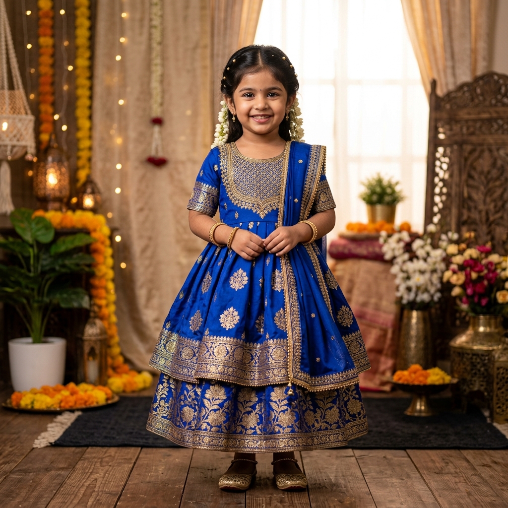 Royal Blue Gold Brocade Festive Frock on model