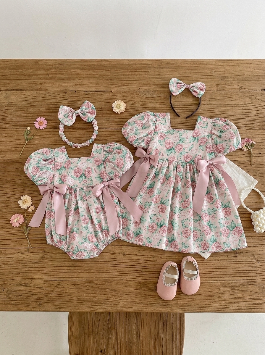 Rose Printed Cotton Twinset and Romper