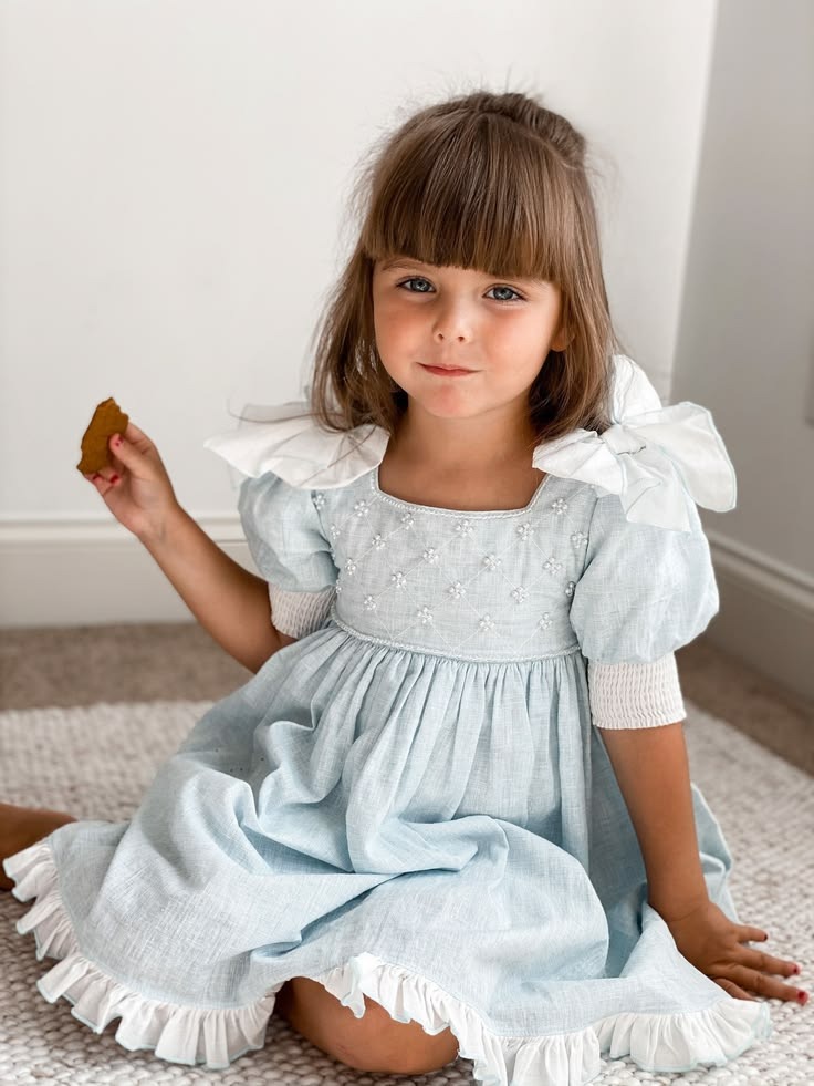 Sky Blue Pearl-Smocked Linen Frock