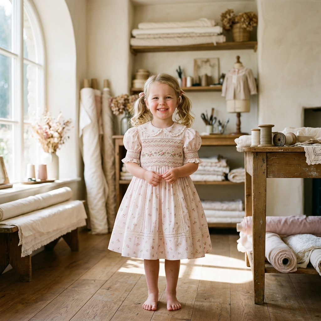 Handcrafted Pastel Pink Smocked Cotton Frock on model