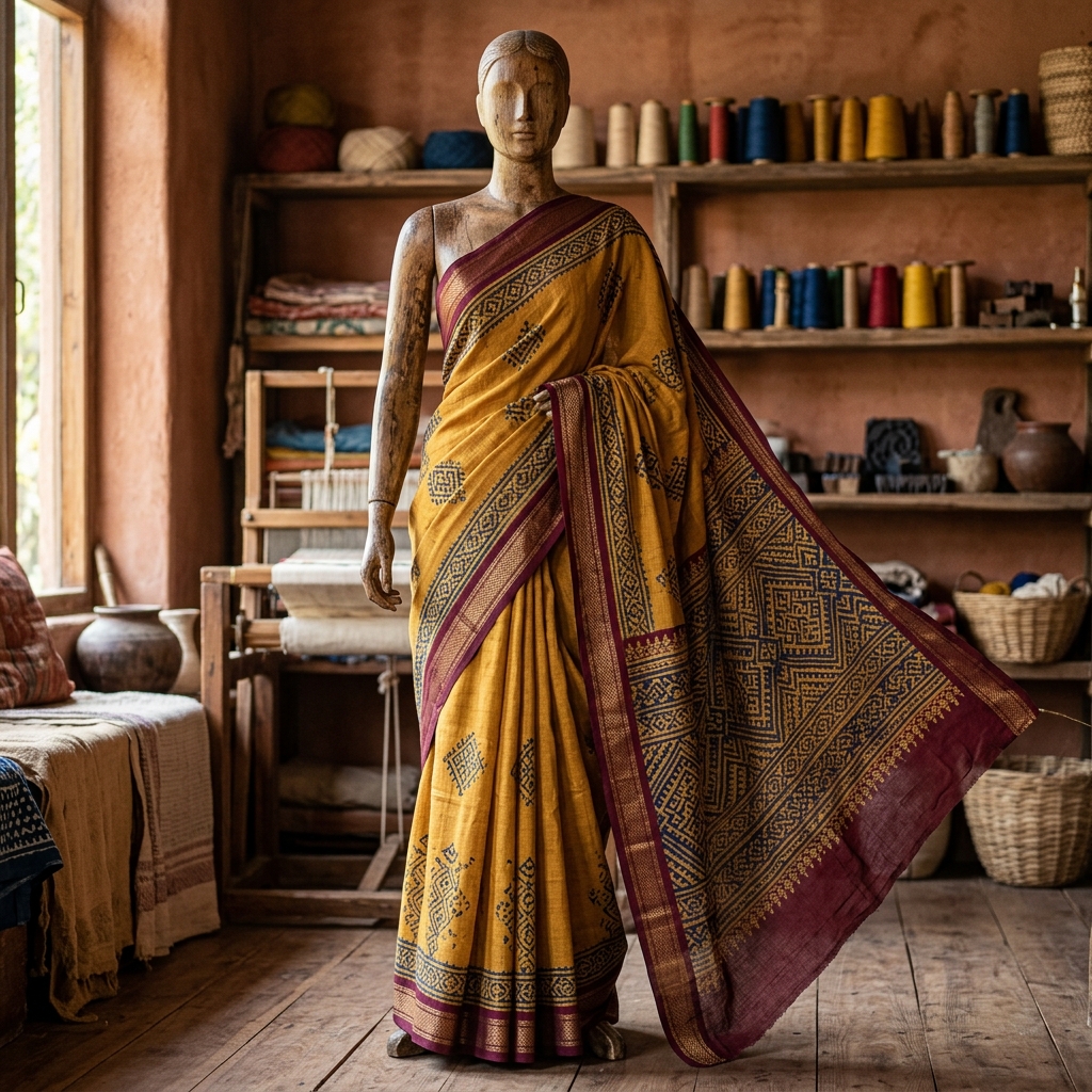 Mustard Yellow Hand-Block Printed Saree
