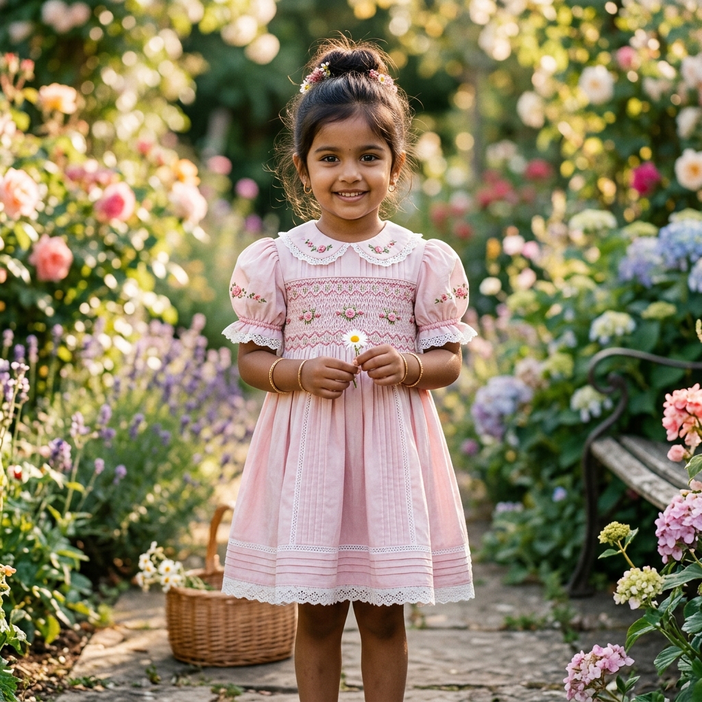Rose Pink Smocked Cotton Frock for Girls
