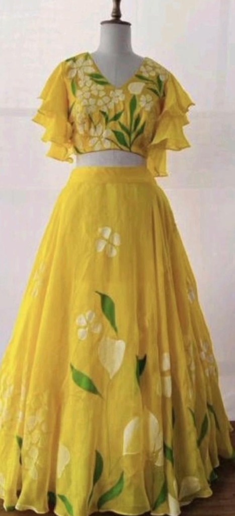 Sunshine Yellow Hand-Painted Floral Organza Lehenga